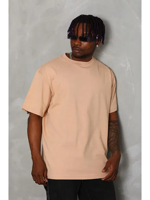 Erkek Düz Yazlık Kısa Kol Tişört Bisiklet Yaka Oversize T-shirt - Bej