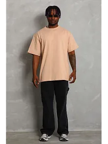 Erkek Düz Yazlık Kısa Kol Tişört Bisiklet Yaka Oversize T-shirt - Bej