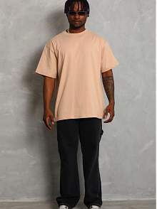 Erkek Düz Yazlık Kısa Kol Tişört Bisiklet Yaka Oversize T-shirt - Bej