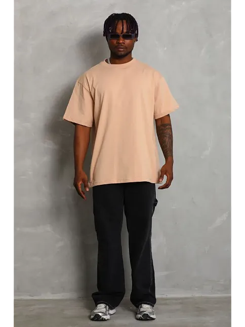 Erkek Düz Yazlık Kısa Kol Tişört Bisiklet Yaka Oversize T-shirt - Bej