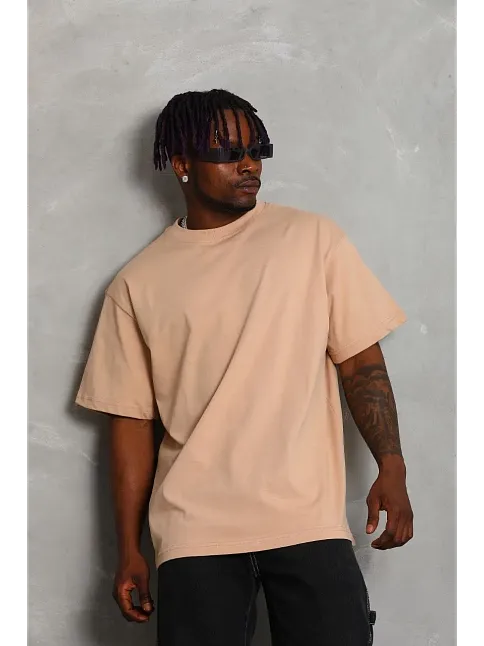 Erkek Düz Yazlık Kısa Kol Tişört Bisiklet Yaka Oversize T-shirt - Bej