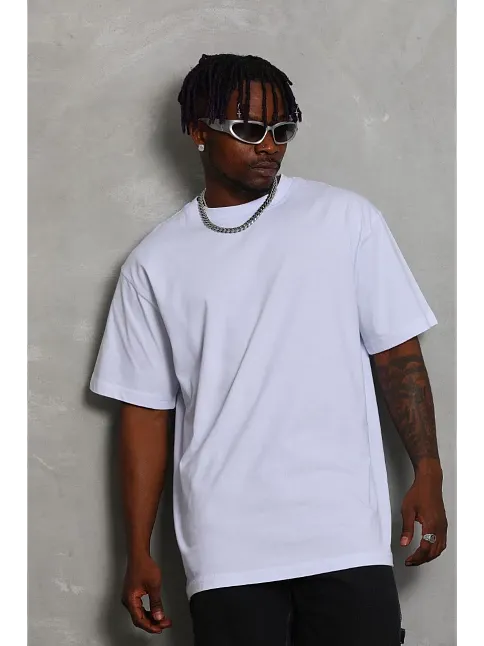 Erkek Düz Yazlık Kısa Kol Tişört Bisiklet Yaka Oversize T-shirt - Beyaz
