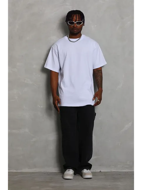 Erkek Düz Yazlık Kısa Kol Tişört Bisiklet Yaka Oversize T-shirt - Beyaz