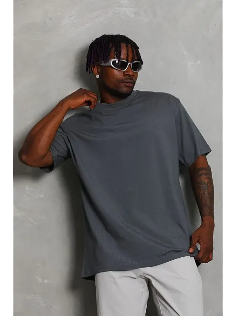 Erkek Düz Yazlık Kısa Kol Tişört Bisiklet Yaka Oversize T-shirt - Füme