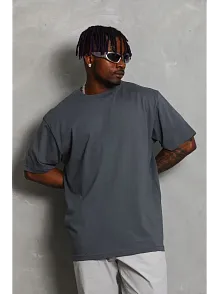 Erkek Düz Yazlık Kısa Kol Tişört Bisiklet Yaka Oversize T-shirt - Füme