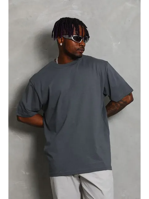 Erkek Düz Yazlık Kısa Kol Tişört Bisiklet Yaka Oversize T-shirt - Füme