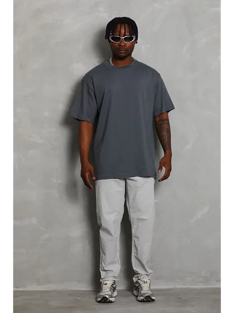 Erkek Düz Yazlık Kısa Kol Tişört Bisiklet Yaka Oversize T-shirt - Füme
