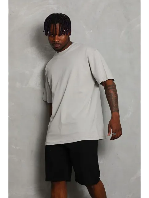Erkek Düz Yazlık Kısa Kol Tişört Bisiklet Yaka Oversize T-shirt - Gri