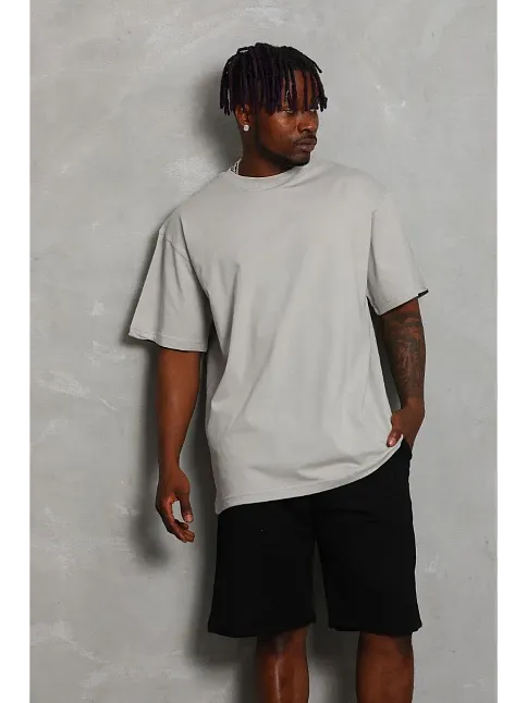 Erkek Düz Yazlık Kısa Kol Tişört Bisiklet Yaka Oversize T-shirt - Gri