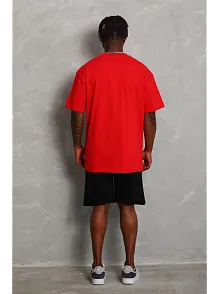 Erkek Düz Yazlık Kısa Kol Tişört Bisiklet Yaka Oversize T-shirt - Kırmızı