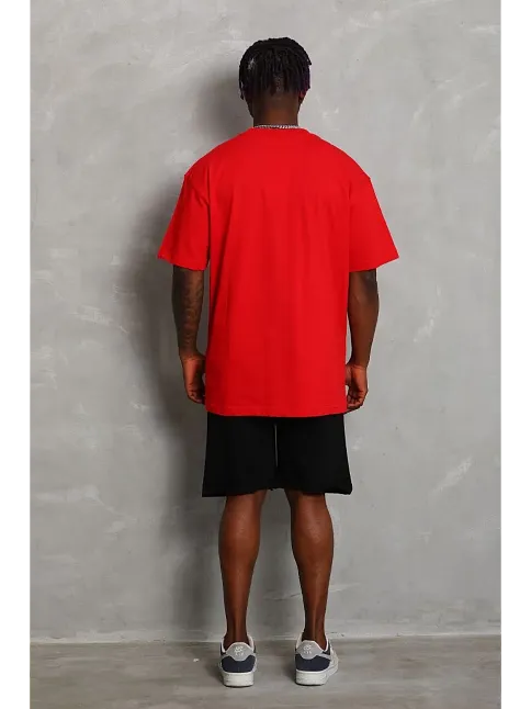 Erkek Düz Yazlık Kısa Kol Tişört Bisiklet Yaka Oversize T-shirt - Kırmızı