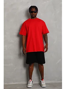Erkek Düz Yazlık Kısa Kol Tişört Bisiklet Yaka Oversize T-shirt - Kırmızı