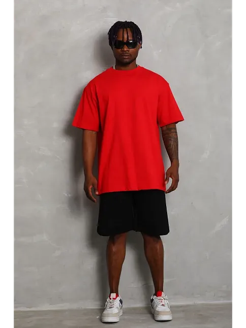 Erkek Düz Yazlık Kısa Kol Tişört Bisiklet Yaka Oversize T-shirt - Kırmızı