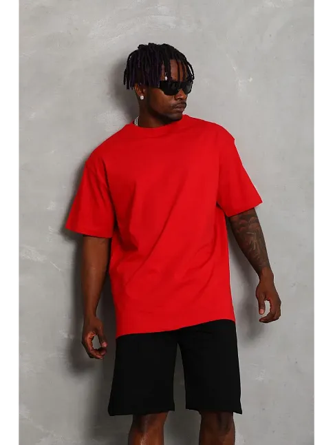 Erkek Düz Yazlık Kısa Kol Tişört Bisiklet Yaka Oversize T-shirt - Kırmızı