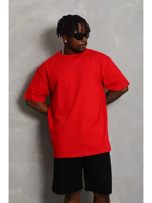 Erkek Düz Yazlık Kısa Kol Tişört Bisiklet Yaka Oversize T-shirt - Kırmızı