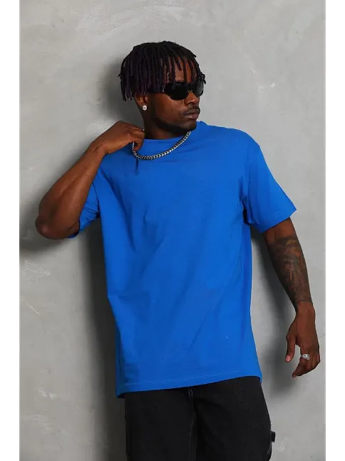 Erkek Düz Yazlık Kısa Kol Tişört Bisiklet Yaka Oversize T-shirt - Mavi