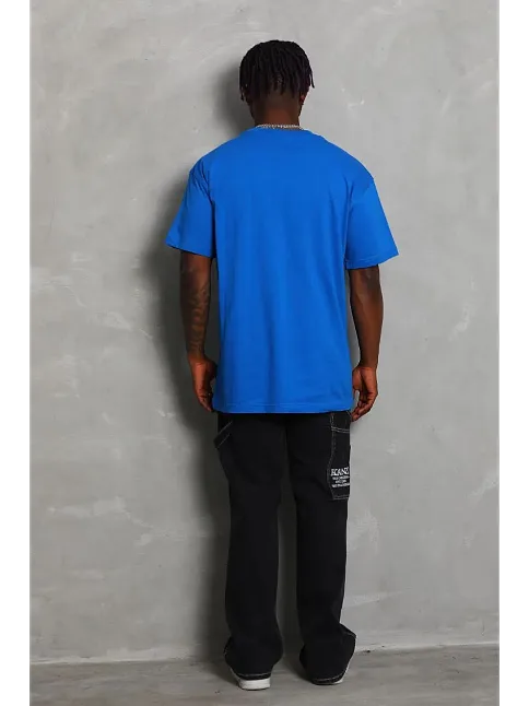 Erkek Düz Yazlık Kısa Kol Tişört Bisiklet Yaka Oversize T-shirt - Mavi