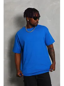 Erkek Düz Yazlık Kısa Kol Tişört Bisiklet Yaka Oversize T-shirt - Mavi
