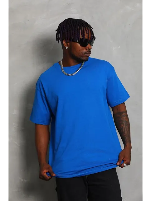 Erkek Düz Yazlık Kısa Kol Tişört Bisiklet Yaka Oversize T-shirt - Mavi