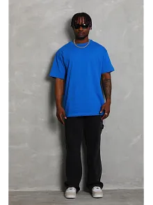 Erkek Düz Yazlık Kısa Kol Tişört Bisiklet Yaka Oversize T-shirt - Mavi