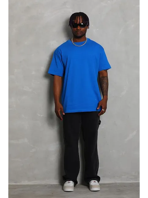 Erkek Düz Yazlık Kısa Kol Tişört Bisiklet Yaka Oversize T-shirt - Mavi