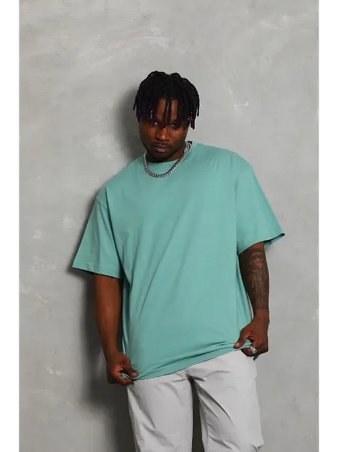 Erkek Düz Yazlık Kısa Kol Tişört Bisiklet Yaka Oversize T-shirt - Mint Yeşili