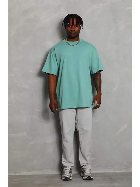 Erkek Düz Yazlık Kısa Kol Tişört Bisiklet Yaka Oversize T-shirt - Mint Yeşili