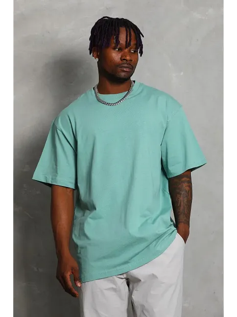 Erkek Düz Yazlık Kısa Kol Tişört Bisiklet Yaka Oversize T-shirt - Mint Yeşili