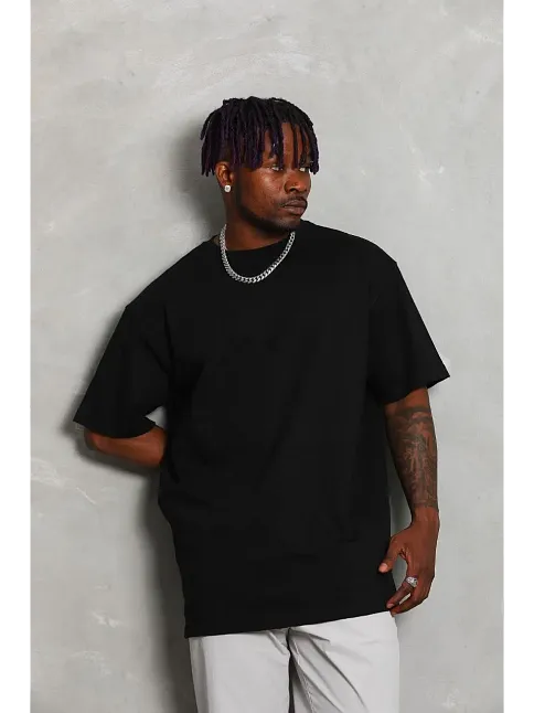Erkek Düz Yazlık Kısa Kol Tişört Bisiklet Yaka Oversize T-shirt - Siyah
