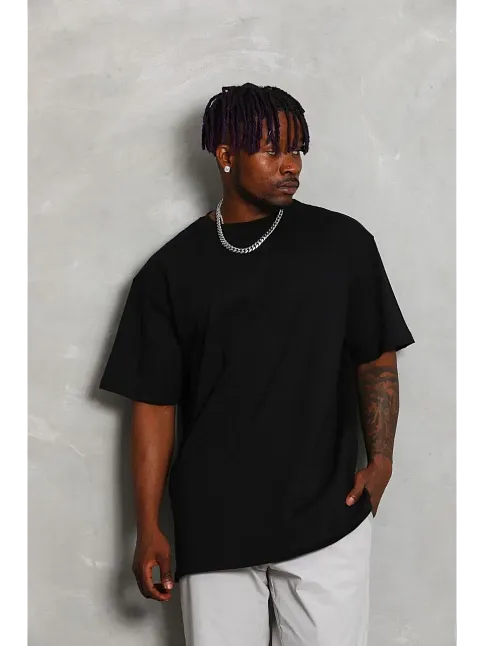 Erkek Düz Yazlık Kısa Kol Tişört Bisiklet Yaka Oversize T-shirt - Siyah