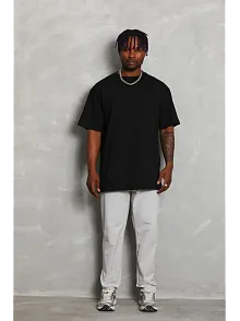 Erkek Düz Yazlık Kısa Kol Tişört Bisiklet Yaka Oversize T-shirt - Siyah