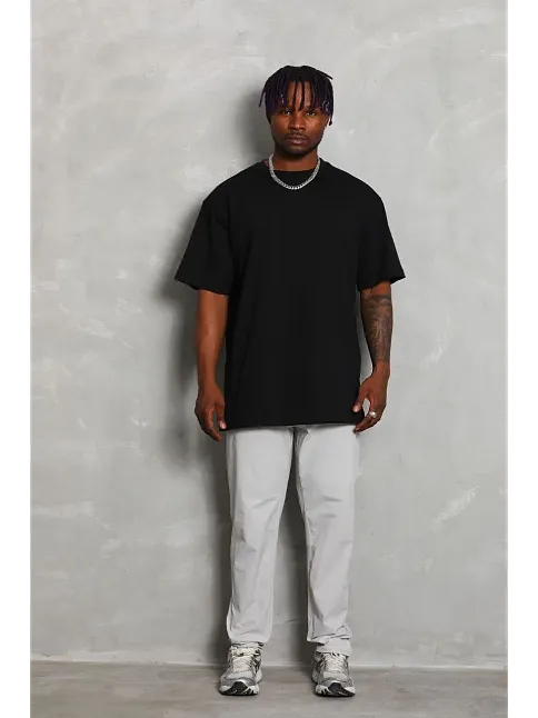 Erkek Düz Yazlık Kısa Kol Tişört Bisiklet Yaka Oversize T-shirt - Siyah