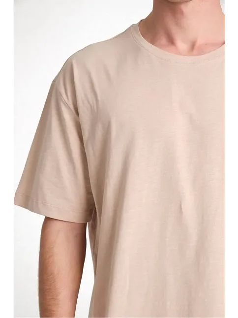Erkek Düz Penye Tişört Bisiklet Yaka Kısa Kol Regular Fit T-shirt - Bej