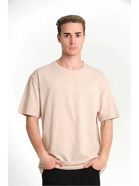Erkek Düz Penye Tişört Bisiklet Yaka Kısa Kol Regular Fit T-shirt - Bej