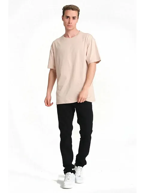 Erkek Düz Penye Tişört Bisiklet Yaka Kısa Kol Regular Fit T-shirt - Bej