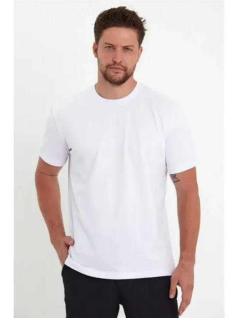 Erkek Düz Penye Tişört Bisiklet Yaka Kısa Kol Regular Fit T-shirt - Beyaz