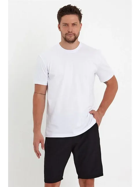 Erkek Düz Penye Tişört Bisiklet Yaka Kısa Kol Regular Fit T-shirt - Beyaz