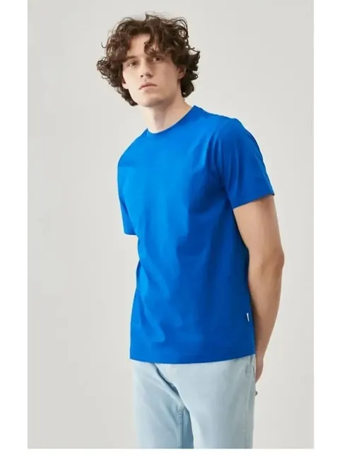 Erkek Düz Penye Tişört Bisiklet Yaka Kısa Kol Regular Fit T-shirt - Mavi