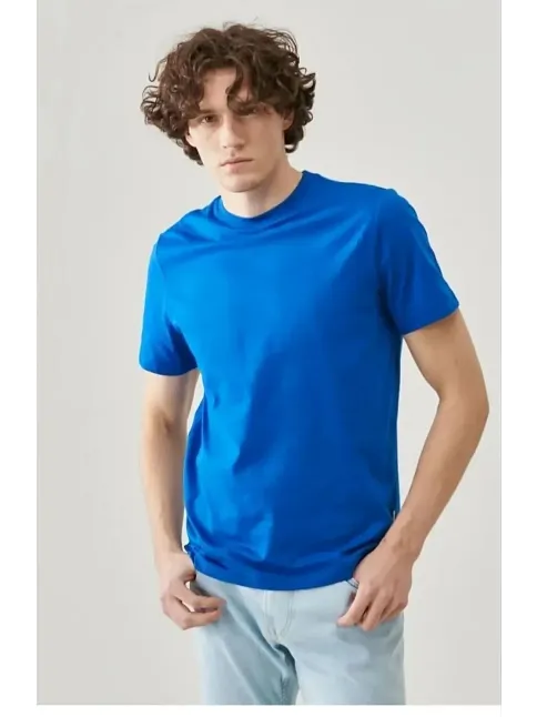 Erkek Düz Penye Tişört Bisiklet Yaka Kısa Kol Regular Fit T-shirt - Mavi