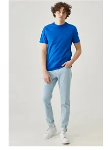 Erkek Düz Penye Tişört Bisiklet Yaka Kısa Kol Regular Fit T-shirt - Mavi