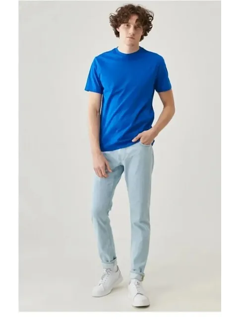 Erkek Düz Penye Tişört Bisiklet Yaka Kısa Kol Regular Fit T-shirt - Mavi