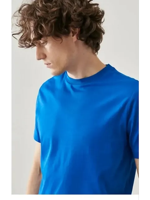 Erkek Düz Penye Tişört Bisiklet Yaka Kısa Kol Regular Fit T-shirt - Mavi
