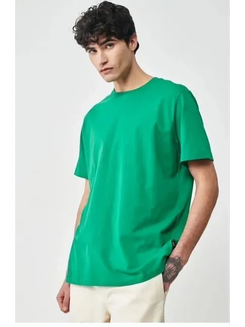 Erkek Düz Penye Tişört Bisiklet Yaka Kısa Kol Regular Fit T-shirt - Yeşil