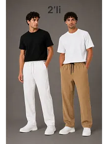 Erkek 2'li Bürümcük Kumaş Beli Lastikli Bağcıklı Bol Paça Pantolon - Beyaz/vizon