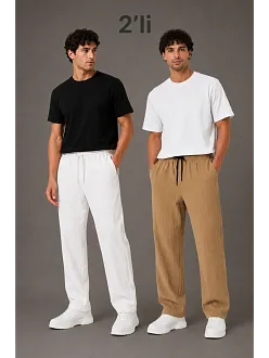 Erkek 2'li Bürümcük Kumaş Beli Lastikli Bağcıklı Bol Paça Pantolon - Beyaz/vizon