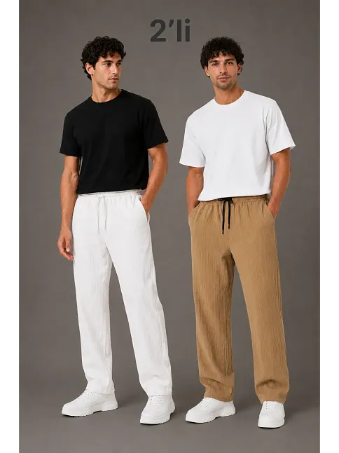 Erkek 2'li Bürümcük Kumaş Beli Lastikli Bağcıklı Bol Paça Pantolon - Beyaz/vizon