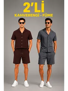 Erkek 2'li Krep Kumaş Cepli Gömlek Şort Takım Kısa Kollu Bağcıklı - Kahverengi & Füme