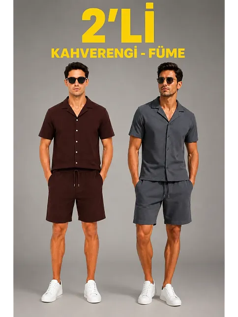 Erkek 2'li Krep Kumaş Cepli Gömlek Şort Takım Kısa Kollu Bağcıklı - Kahverengi & Füme