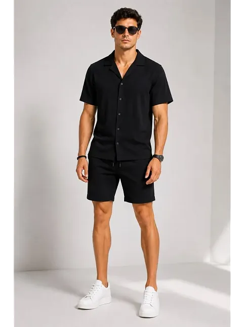 Erkek 2'li Krep Kumaş Cepli Gömlek Şort Takım Kısa Kollu Bağcıklı - Siyah & Füme