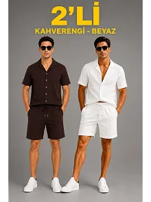 Erkek 2'li Krep Kumaş Cepli Gömlek Şort Takım Kısa Kollu Bağcıklı - Kahverengi & Beyaz